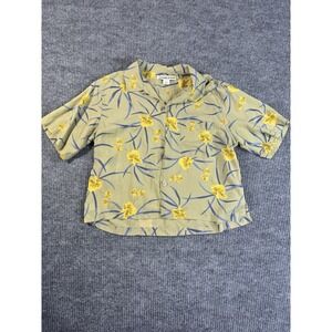 Bamboo Traders Women's Silk Floral Button-Up Shirt Green Yellow Blue Size 12